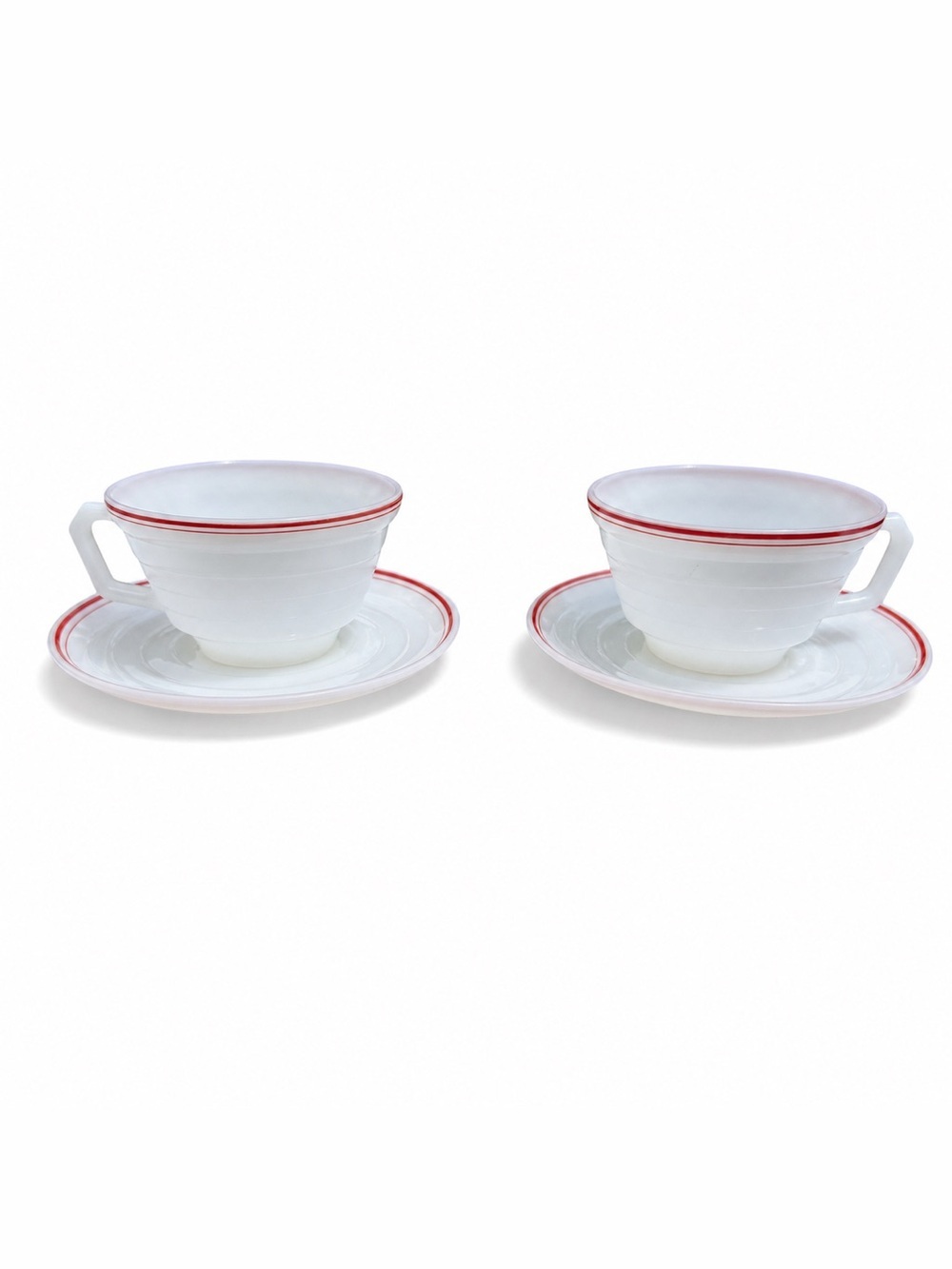 Hazel Atlas Milk Glass Red Rim Teacup Saucer Set Cottagecore Diner Coffee Cups